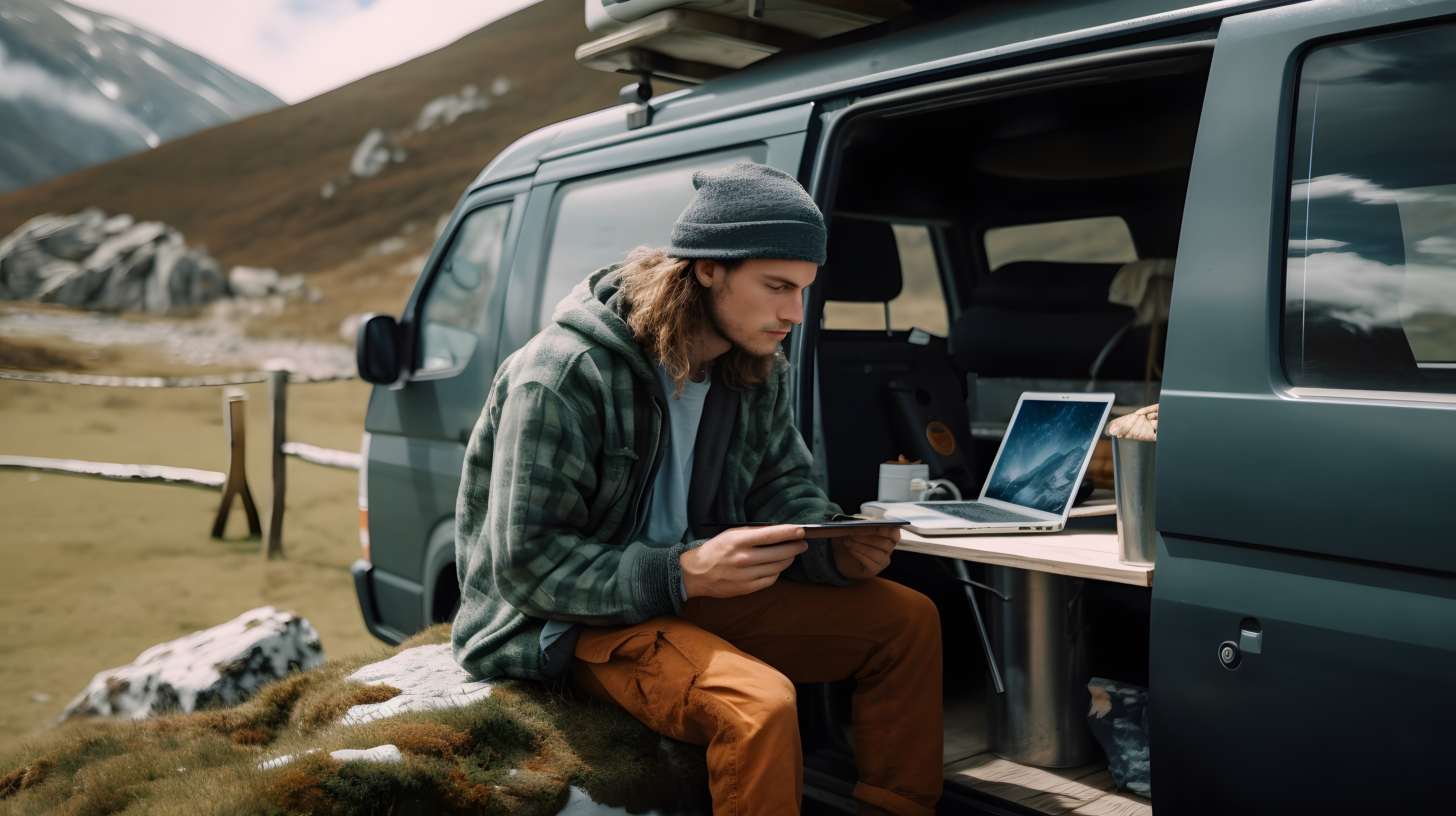 Ein Mann arbeitet am Laptop im Camper in den Bergen: Digitale Nomaden wie er sind es gewohnt, virtuelle Arbeit im Mobile Office im Ausland zu leisten.