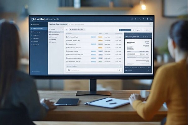 Zwei Frauen vor einem Monitor mit Workflow-Diagrammen, die die gewonnene Effizienz bildlich darstellen.