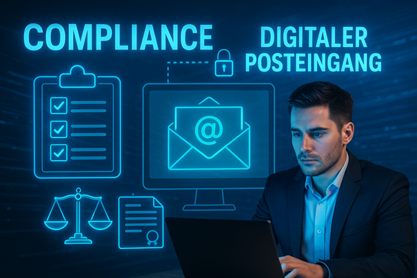 Das Wort Compliance, umgeben von digitalen Symbolen wie Schloss, Glühbirne, Person, Personengruppe und Globus, steht für Datenschutz und digitale Verantwortung