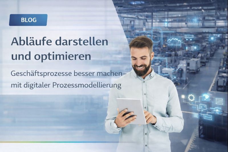 Mann am Tablet mit BPMN-Software: Die Prozessmodellierung macht Arbeitsabläufe anschaulicher und deckt Optimierungspotenziale auf.