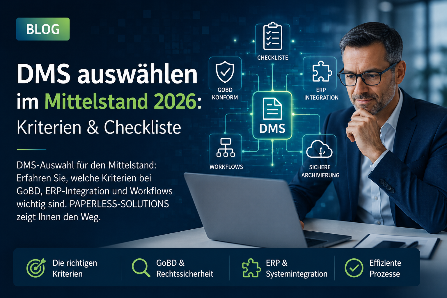 Bloggrafik von PAPERLESS-SOLUTIONS zur DMS-Auswahl im Mittelstand 2026 mit GoBD-Konformität, ERP-Integration, Workflows und digitaler Archivierung.