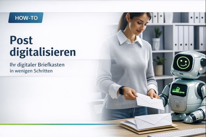 Frau digitalisiert eingehende Post mit Unterstützung eines digitalen Assistenten – Darstellung eines digitalen Briefkastens im Büro.