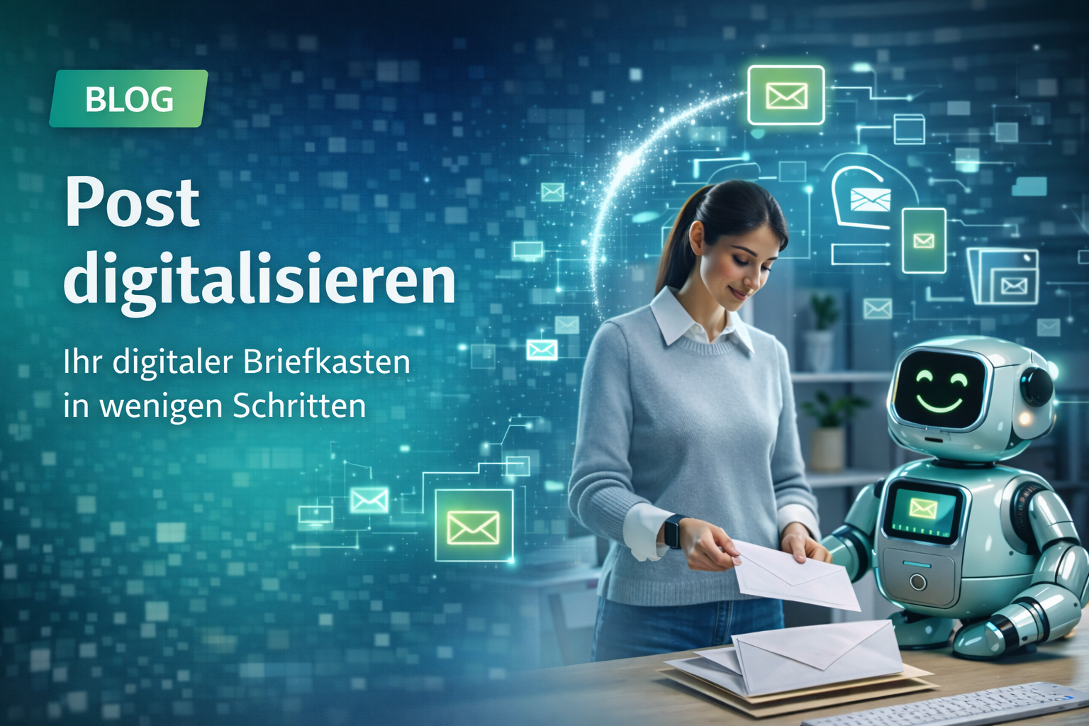 Frau digitalisiert eingehende Post mit Unterstützung eines digitalen Assistenten – Darstellung eines digitalen Briefkastens im Büro.