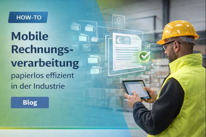 Mann mit Helm und Tablet-PC, der in der Industrie eine Lieferung quittiert und mit der Rechnungs-App bearbeitet.