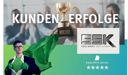 Erfolgreiche Digitalisierung bei Steel Service Krefeld GmbH durch Einführung eines DMS mit paperless solutions – Kundenreferenz mit Trophäe, Superheld und 5-Sterne-Bewertung symbolisiert Optimierung, Effizienz und digitale Transformation im Stahlhandel.