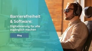 Mann mit Screenreader arbeitet an PC mit barrierefreier DMS-Software im Büro