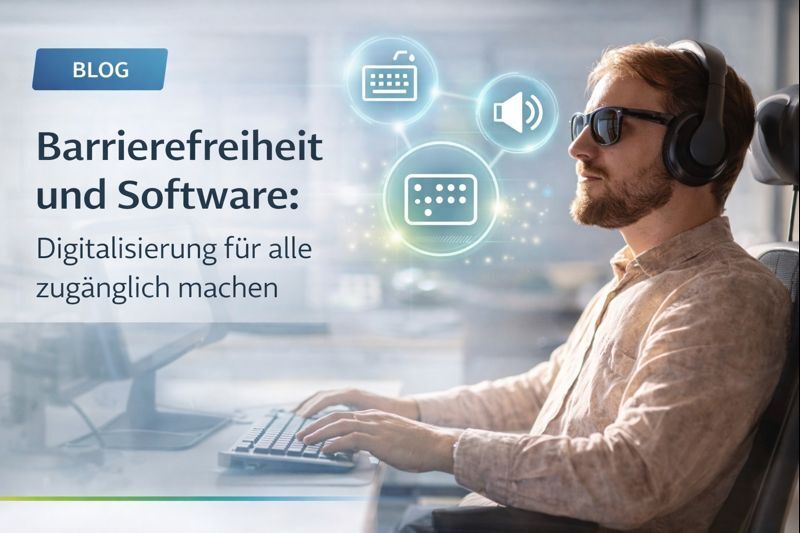 Mann mit Screenreader arbeitet an PC mit barrierefreier DMS-Software im Büro