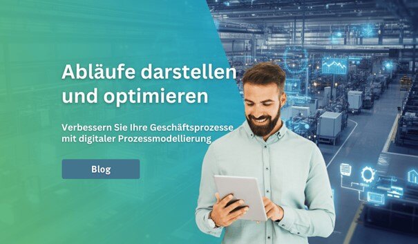 Mann am Tablet mit BPMN-Software: Die Prozessmodellierung macht Arbeitsabläufe anschaulicher und deckt Optimierungspotenziale auf.