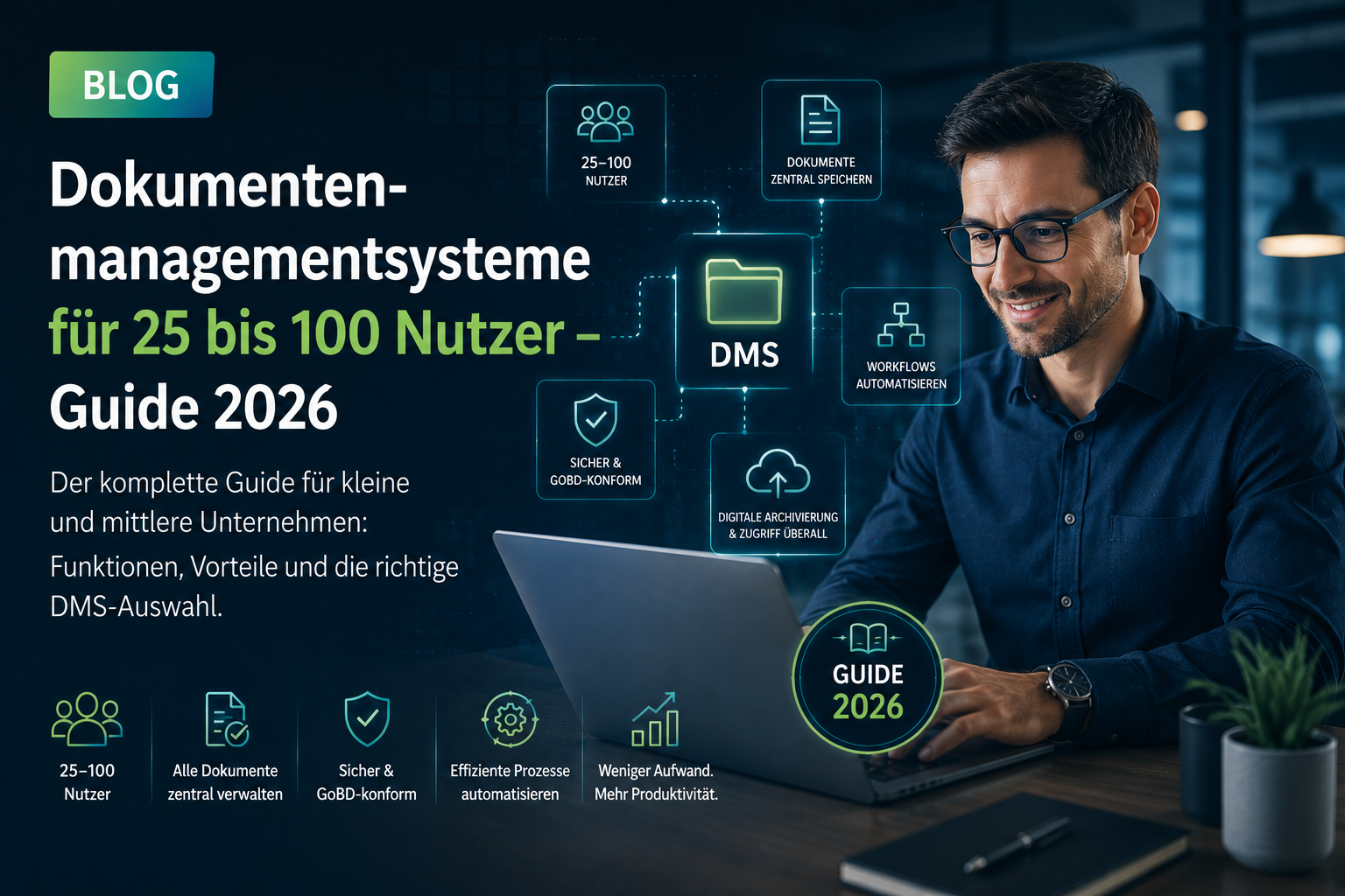 Bloggrafik zum Thema Dokumentenmanagementsysteme für 25 bis 100 Nutzer. Ein Mitarbeiter arbeitet mit einem DMS, während digitale Workflows, Dokumentenverwaltung, GoBD-Konformität und Archivierung visualisiert werden.