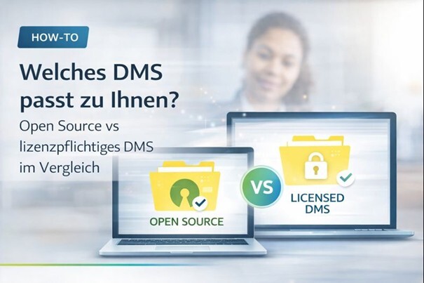 Eine Frau nutzt ein Open-Source- oder proprietäres DMS-System zur digitalen Aktenverwaltung mit strukturierter Ordnerlogik.