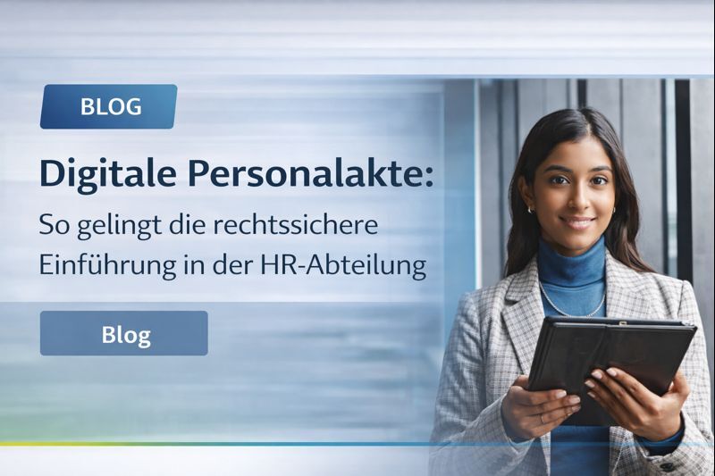 HR-Leiterin sieht auf ihrem Laptopbildschirm übersichtliche digitale Personalakte im DMS-System