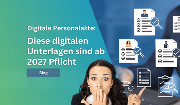 Frau zeigt auf digitale Personalunterlagen, die stilisiert dargestellt sind.