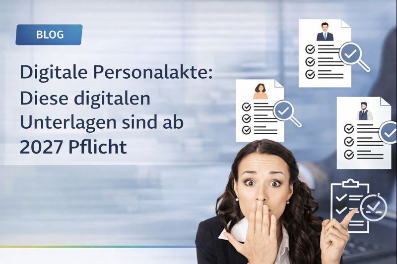 Frau zeigt auf digitale Personalunterlagen, die stilisiert dargestellt sind.