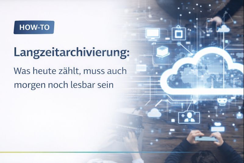 Symbolbild für digitale Langzeitarchivierung mit Aktenordnern, Personen und Cloud-Symbol