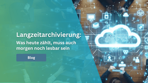 Symbolbild für digitale Langzeitarchivierung mit Aktenordnern, Personen und Cloud-Symbol