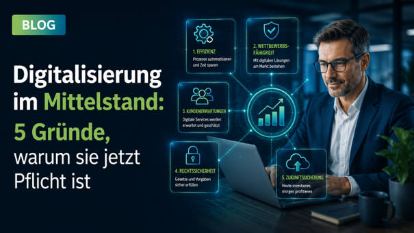 Grafik „Digitalisierung im Mittelstand“ mit kleinen Symbolen und Balkendiagramm, das steigende Tendenz zeigt: Die Grafik hebt die positiven Aspekte von Förderung im Mittelstand hervor.