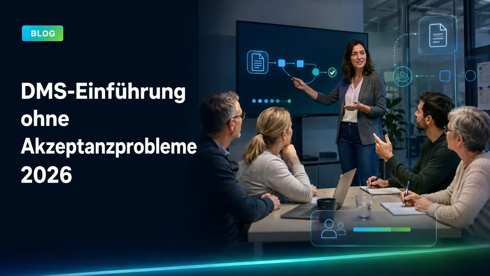 Mitarbeitende nehmen an einer Schulung zur erfolgreichen Einführung eines Dokumentenmanagementsystems teil.
