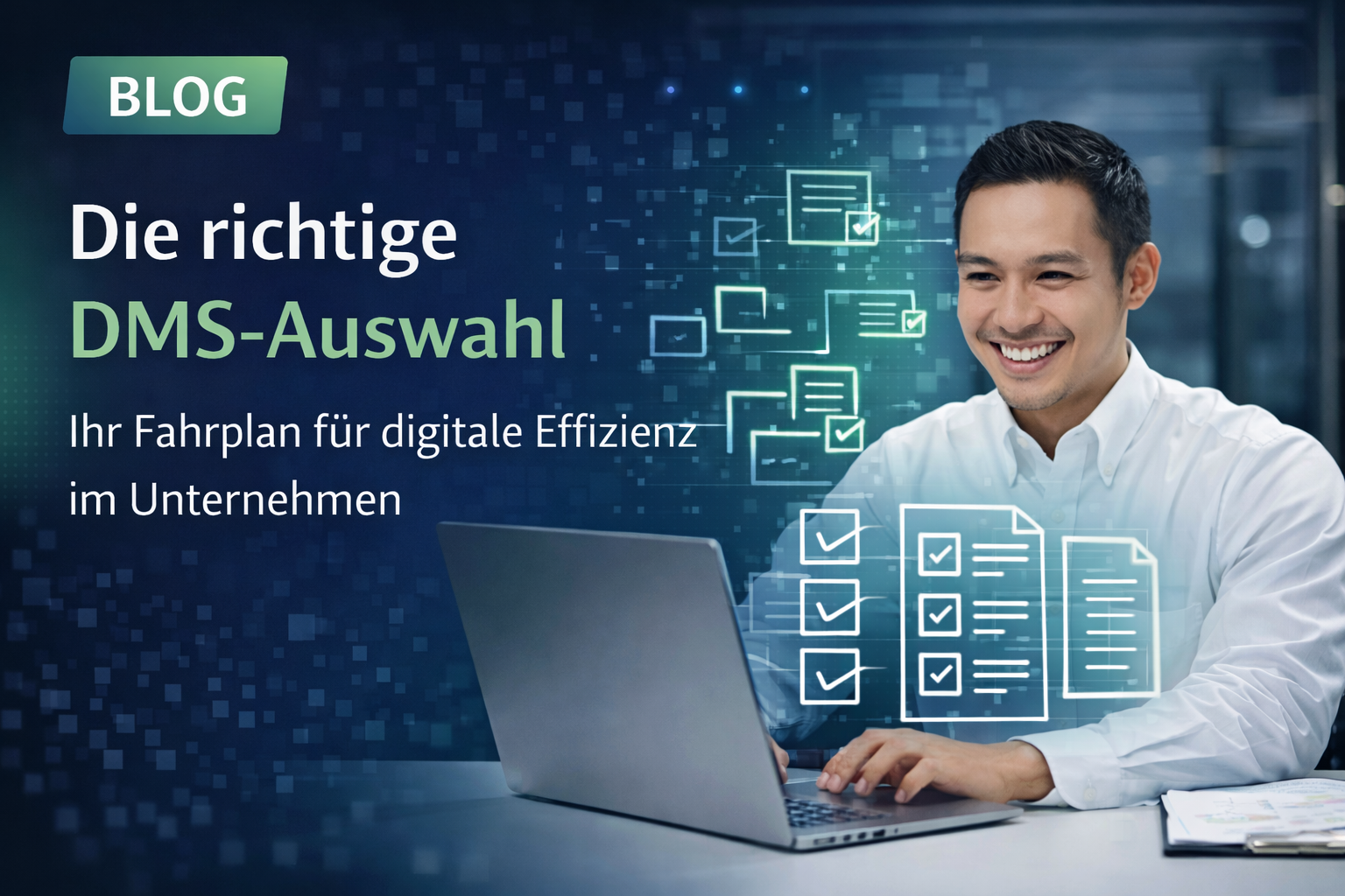 Junger Mann am Laptop: Er testet ein DMS-System und sucht so die beste DMS-Software für sein Unternehmen.