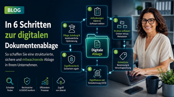 Lächelnde Frau am PC im Büro: Sie organisiert die digitale Ablage GoBD-konform