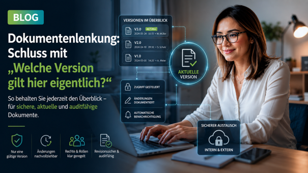 Frau arbeitet am PC im Homeoffice: Ein digitales Dokumentenlenkungssystem ermöglicht den geregelten Informationsaustausch über Unternehmensgrenzen hinweg.