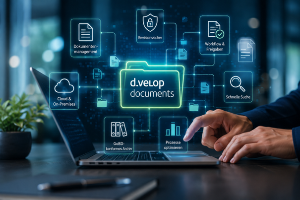 Finger auf einem Laptop, dazu digitale Symbole, die für ein DMS wie d.velop documents stehen.