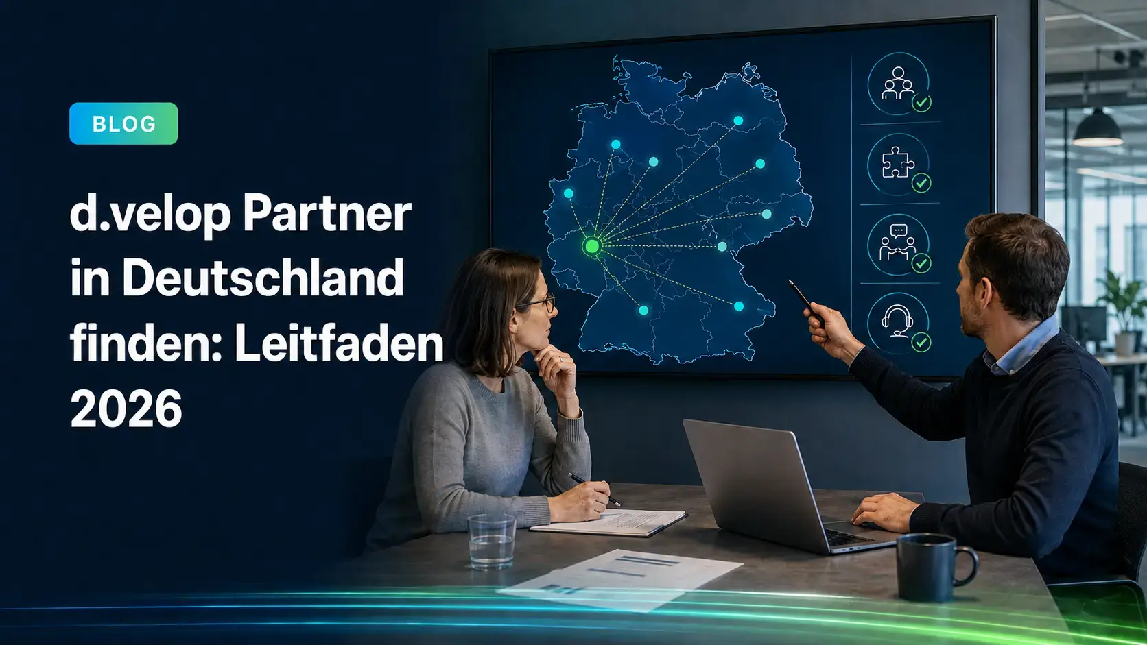 Zwei Projektverantwortliche suchen auf einer Deutschlandkarte nach einem d.velop Partner im Raum Köln.