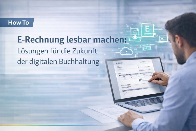 Frau am Touchscreen-Monitor im Büro freut sich: Es ist so leicht für sie, mit dem richtigen Tool jede E-Rechnung lesbar zu machen.