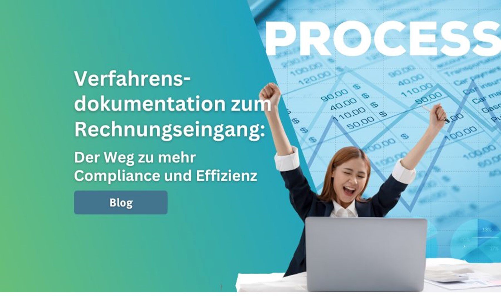 Eine junge Frau am PC jubelt: Ihr elektronischer Rechnungseingang, an den eine Prozessdokumentation angeschlossen ist, funktioniert einwandfrei und sorgt für Effizienz und Compliance.