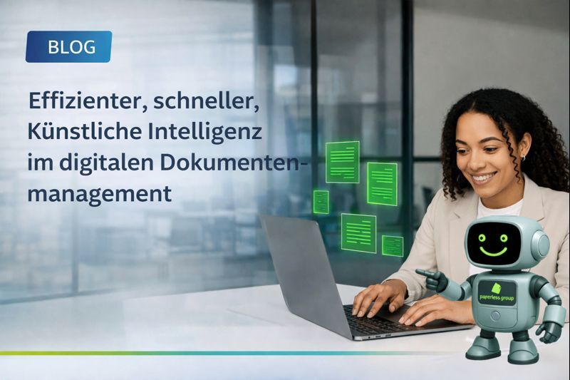 Mitarbeiterin arbeitet mit KI-gestützter Dokumentenmanagement-Software