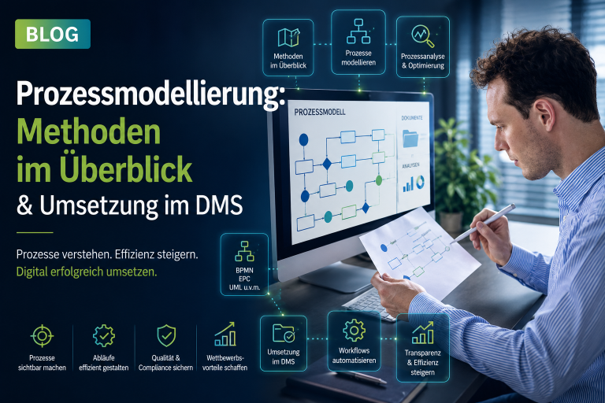 Mann am PC modelliert einen BPMN-Prozess: digitale Prozessmodellierung eines Workflows am Bildschirm